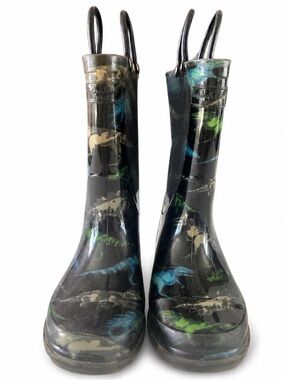 Western Chief Black Rain Boots with Green & Blue Dinosaur  Accents size 12